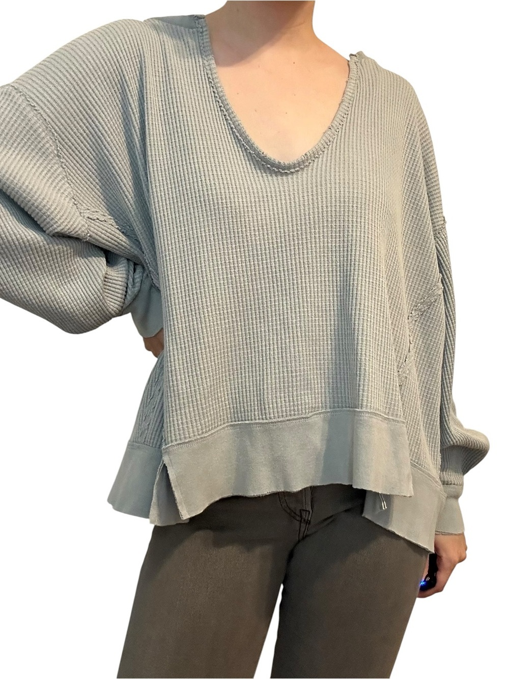 Free People Oversized Sweater V-Neck Light Blue Slouchy Boho Size Extra Small